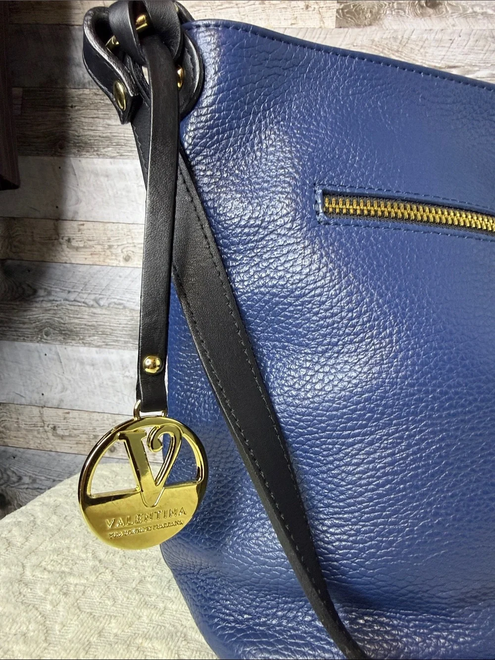 Valentina Navy Blue Pebbled Leather Crossbody with Gold Hardware